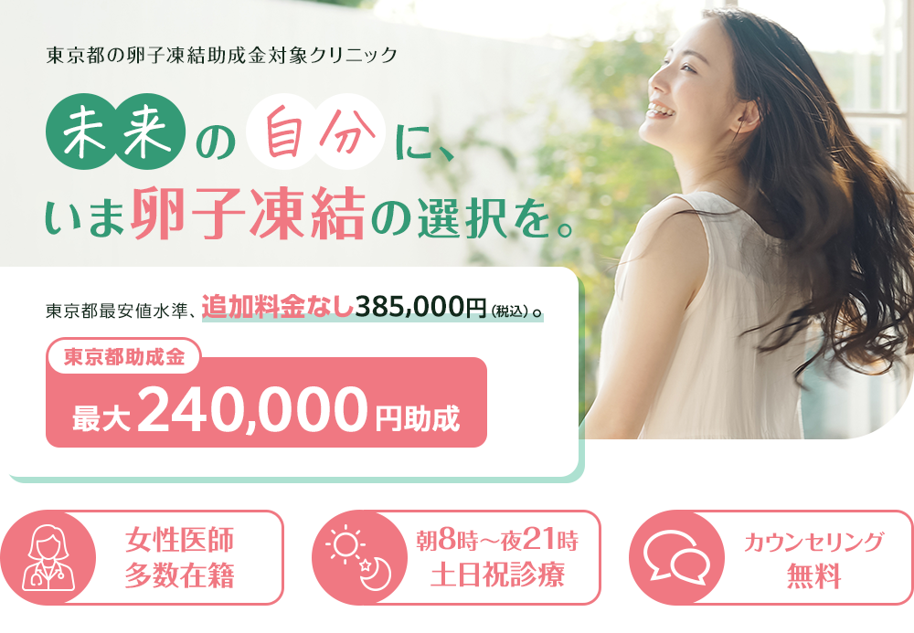 未来の自分に、いま卵子凍結の選択を。東京都最安値水準、追加料金なし385,000円（税込）。東京都助成金最大240,000円助成。